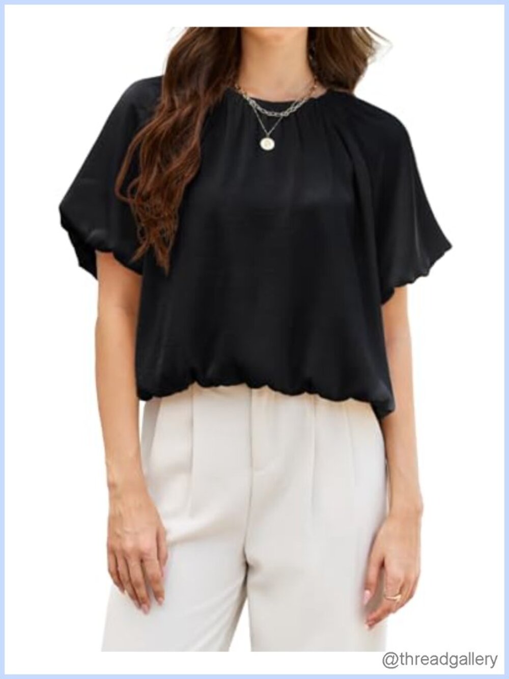 Women's Summer Bubble Crop Top Puff Sleeve Satin Blouse Elastic Hem